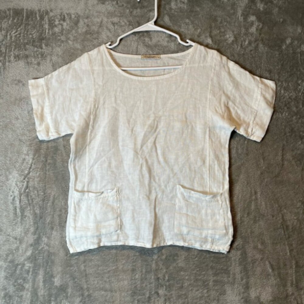 Francesca Bettini White Linen Top With Pockets Made in Italy Sz Small Lagenlook